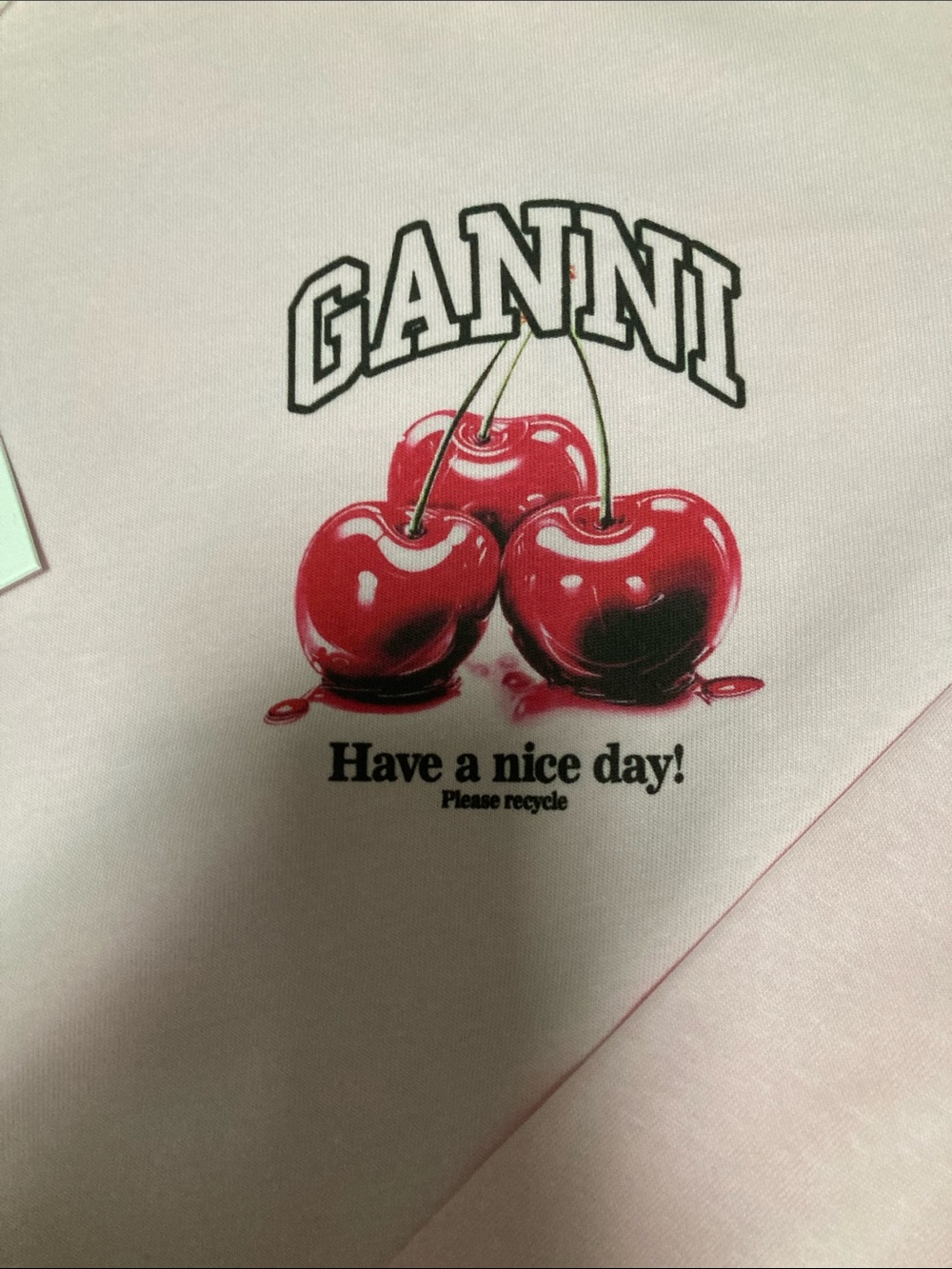 GANNI Have A Nice Day cherry Print Pink Cropped Long sleeve Casual Cotton Top - Picture 3 of 6